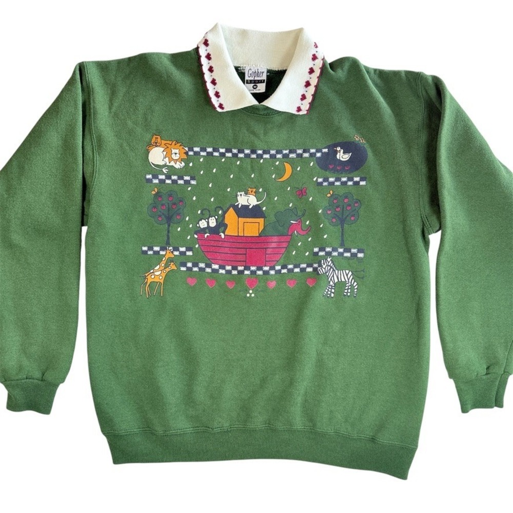 Gopher Sport Noah's Ark Sweatshirt‎ Womens Medium Green Vintage Graphic Collared